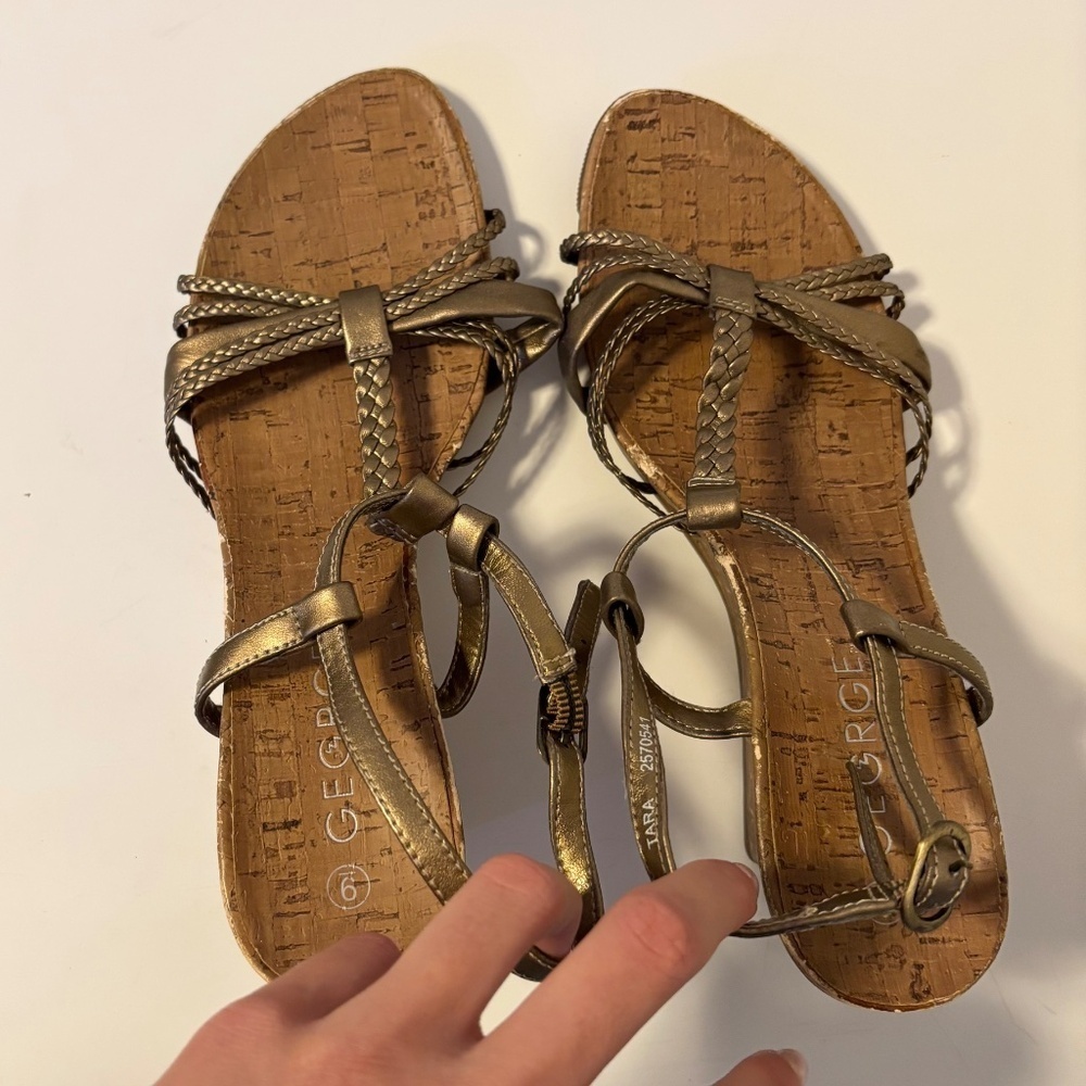 George Open Toe Strappy Wedge Sandals Cork Gold Bronze Womens US Shoe Size 9 - Picture 3 of 5